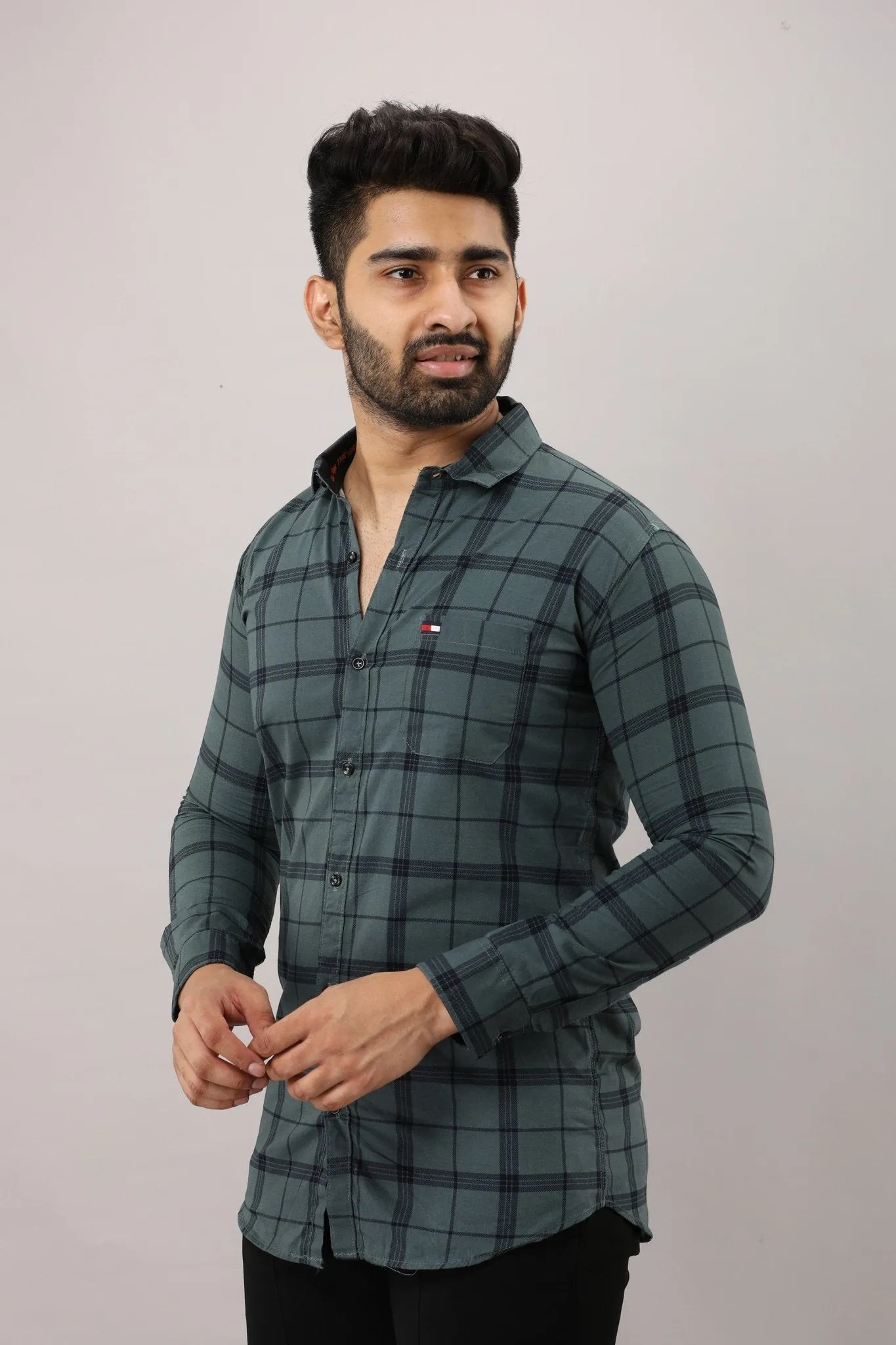 Grey Checkered Pure Cotton Formal Shirt