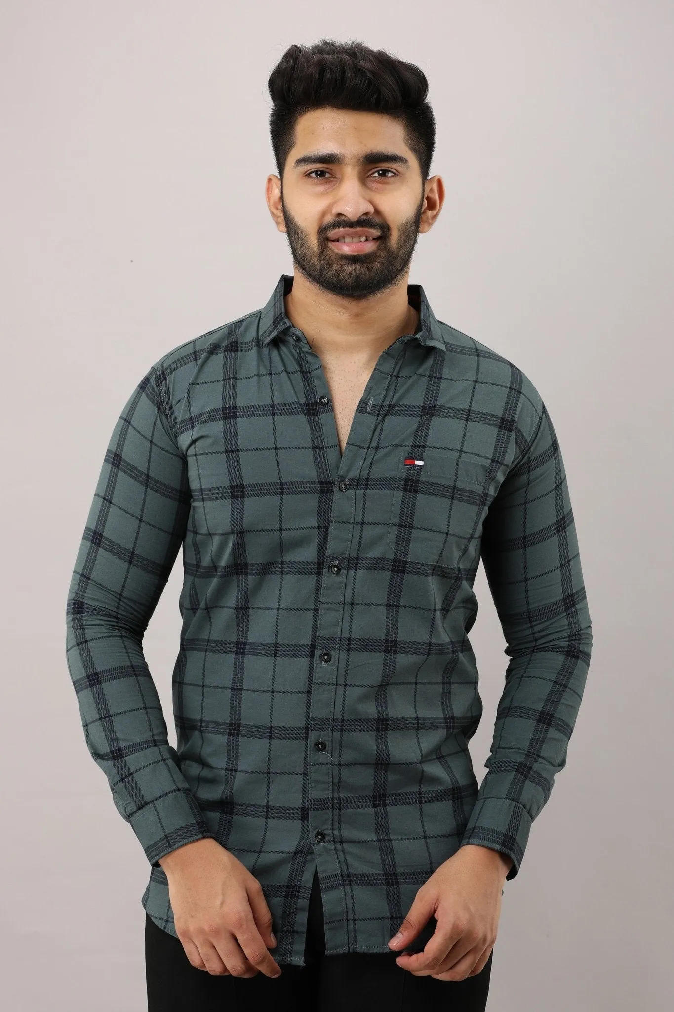 Grey Checkered Pure Cotton Formal Shirt
