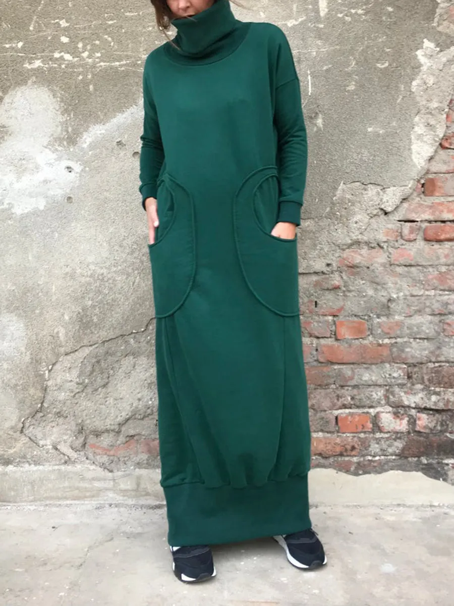 High Collar Stitching Pocket Solid Color Casual Dress