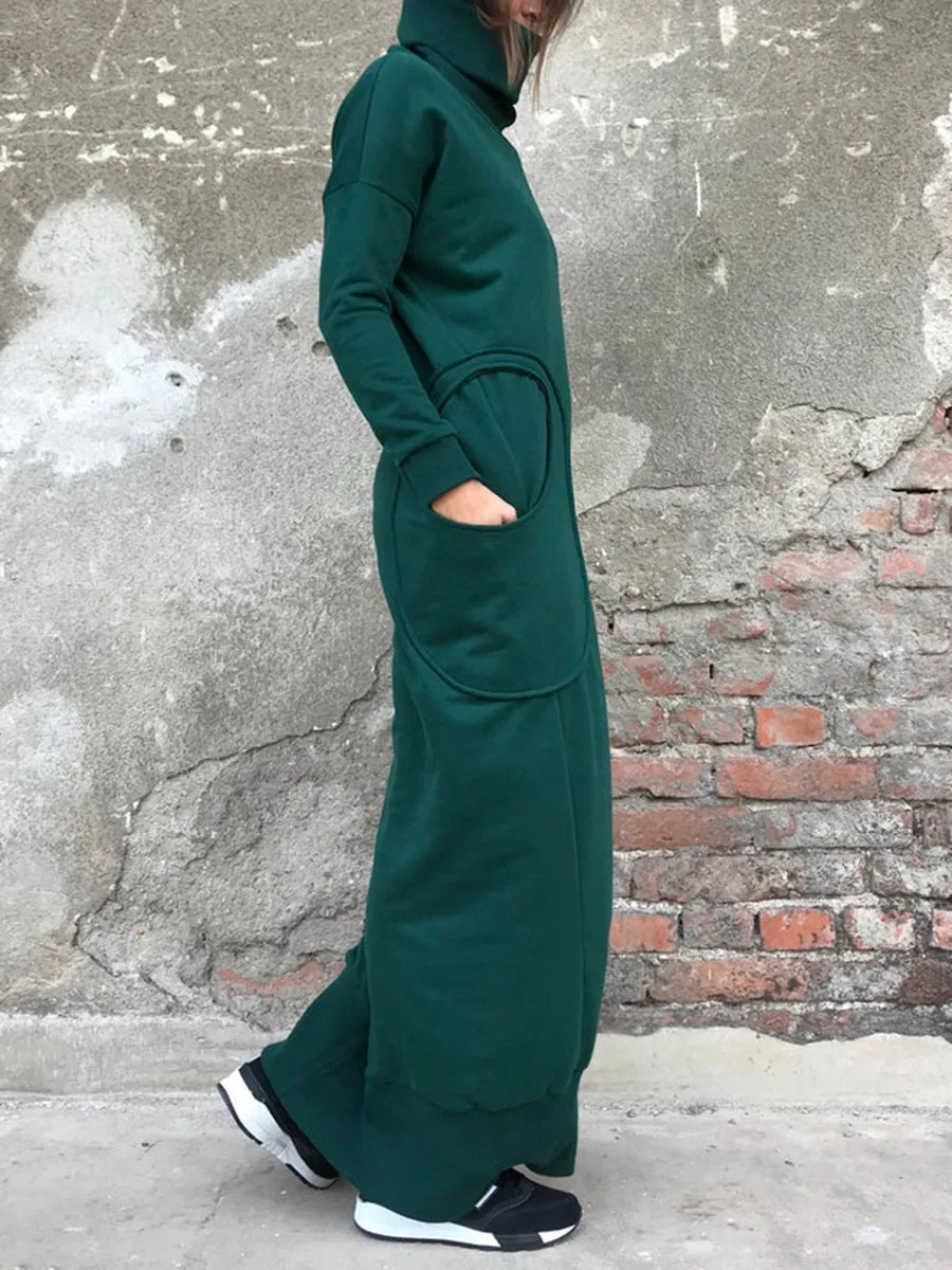 High Collar Stitching Pocket Solid Color Casual Dress