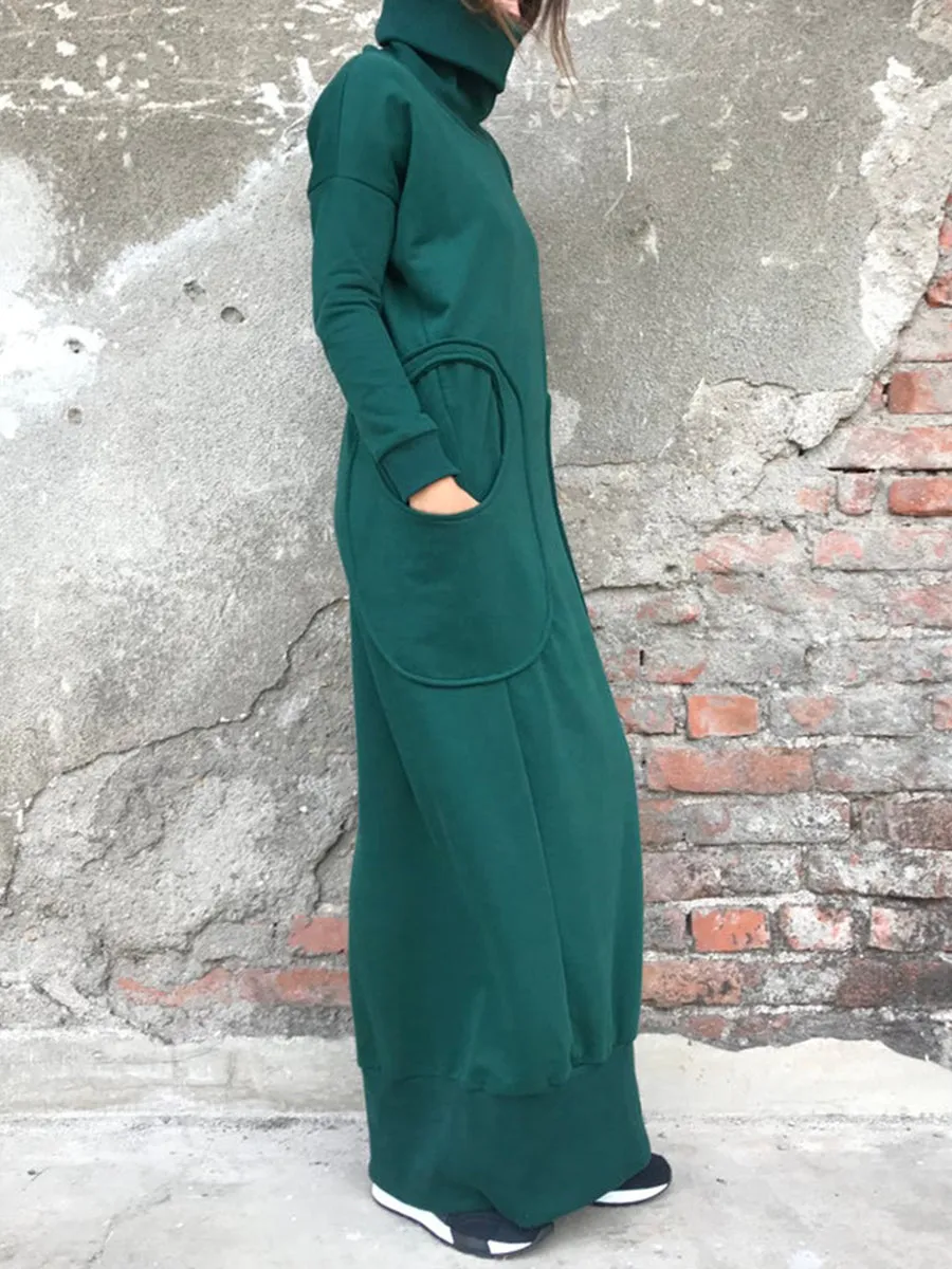 High Collar Stitching Pocket Solid Color Casual Dress