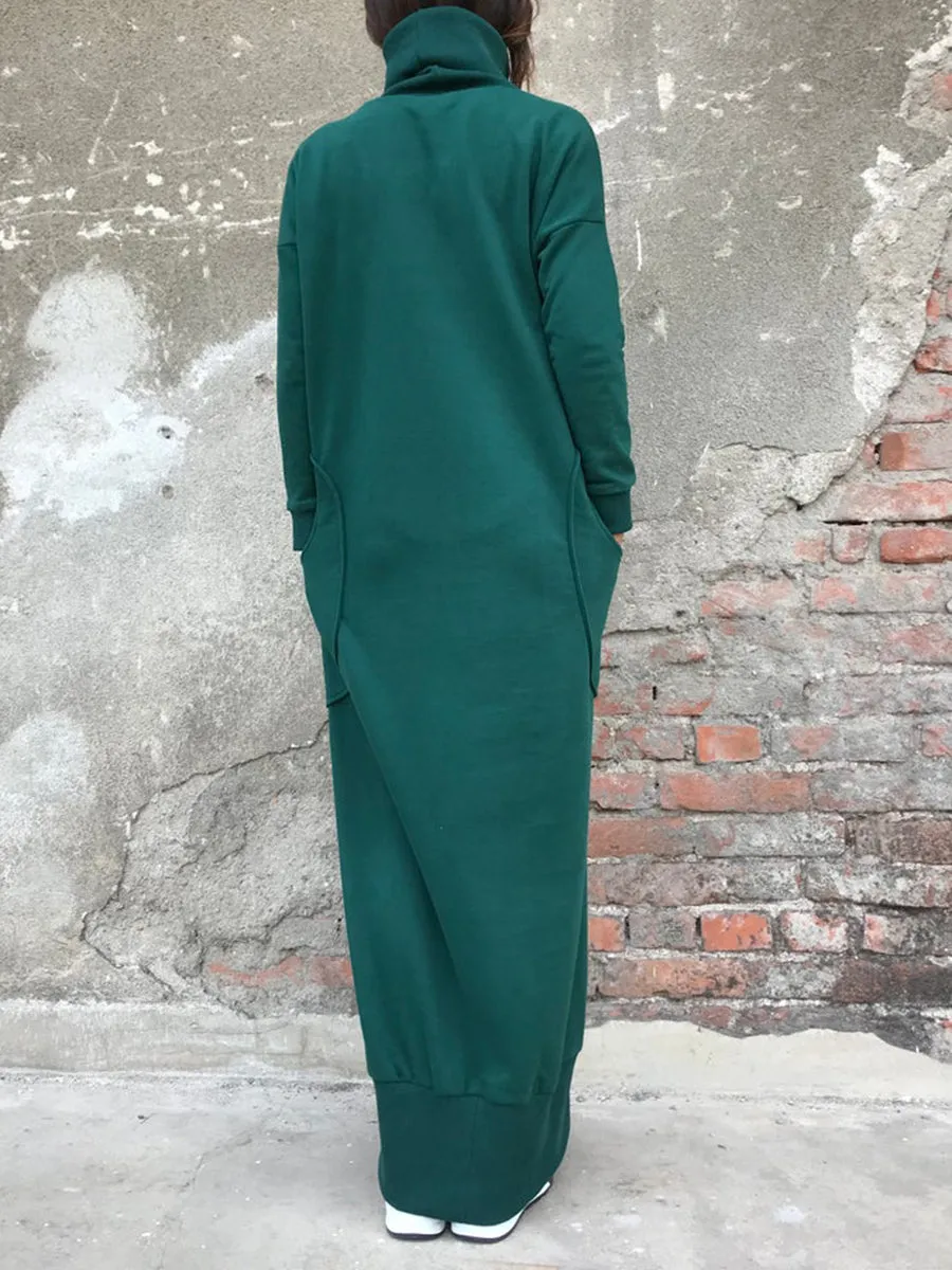 High Collar Stitching Pocket Solid Color Casual Dress