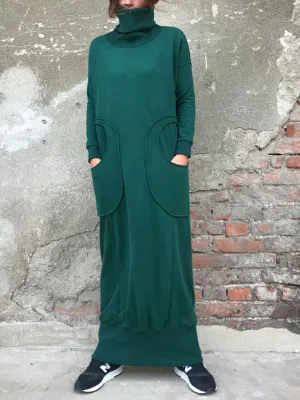 High Collar Stitching Pocket Solid Color Casual Dress