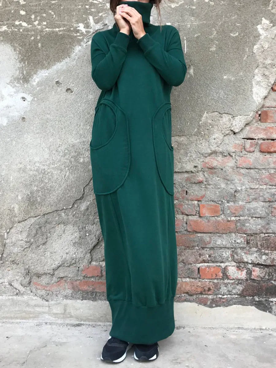 High Collar Stitching Pocket Solid Color Casual Dress