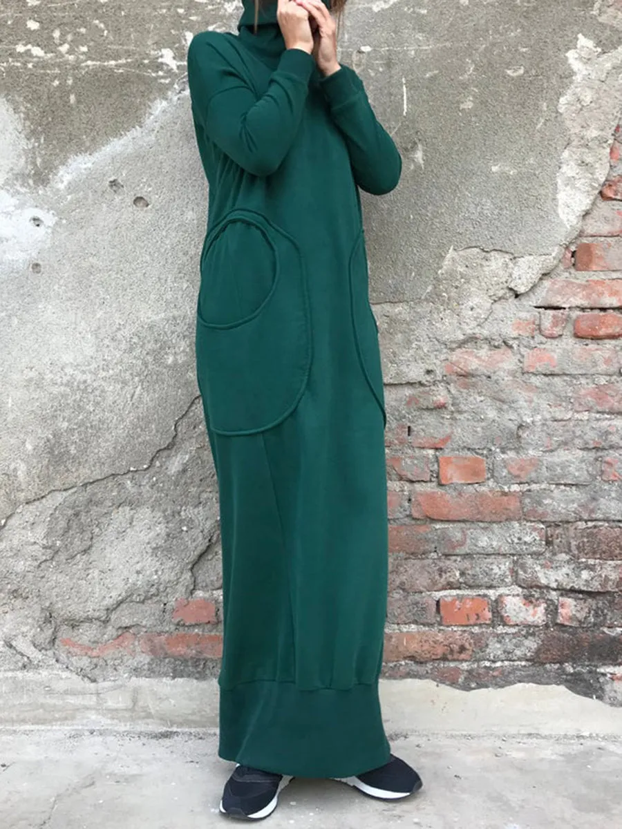 High Collar Stitching Pocket Solid Color Casual Dress