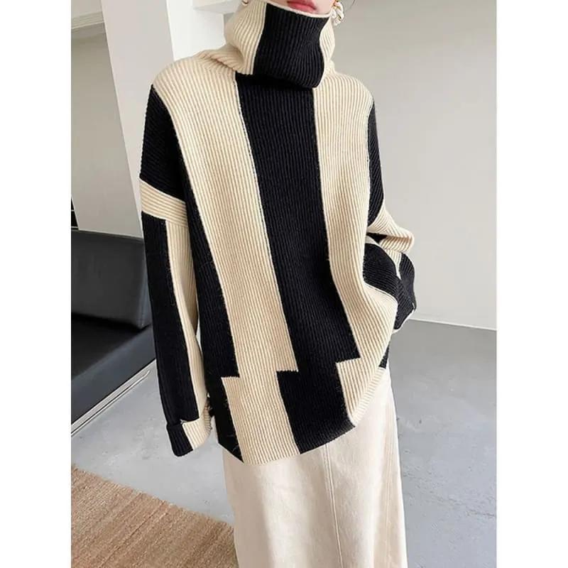 High Neck Black and White Striped Soft Knit Sweater for Women