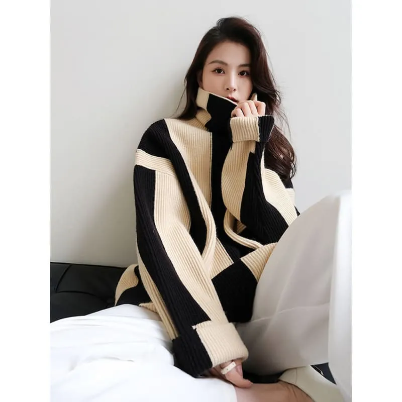 High Neck Black and White Striped Soft Knit Sweater for Women