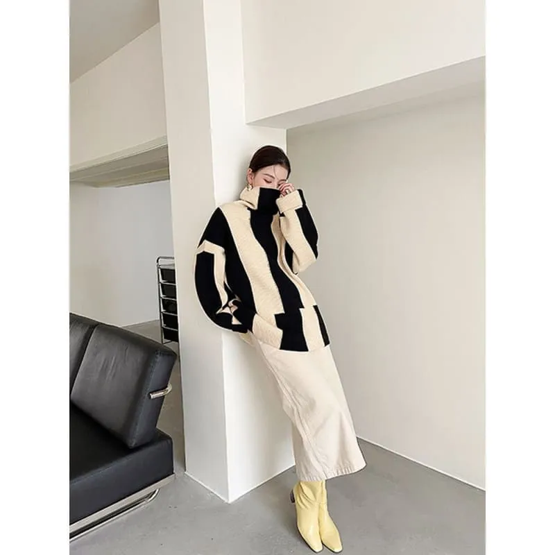 High Neck Black and White Striped Soft Knit Sweater for Women