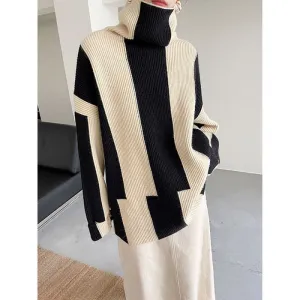 High Neck Black and White Striped Soft Knit Sweater for Women