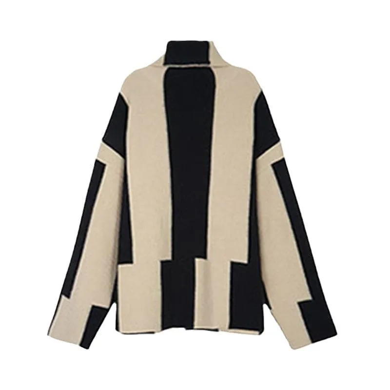 High Neck Black and White Striped Soft Knit Sweater for Women