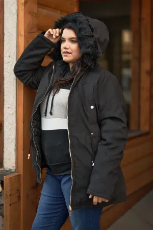 Junior Plus Size Reversible Black Dyed Vegan Fur Double-Sided Cotton Twill Parka & Puffer Jacket /1-1-1-1