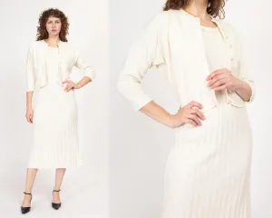 Medium 1950s White Boucle Knit Midi Dress & Cardigan Set