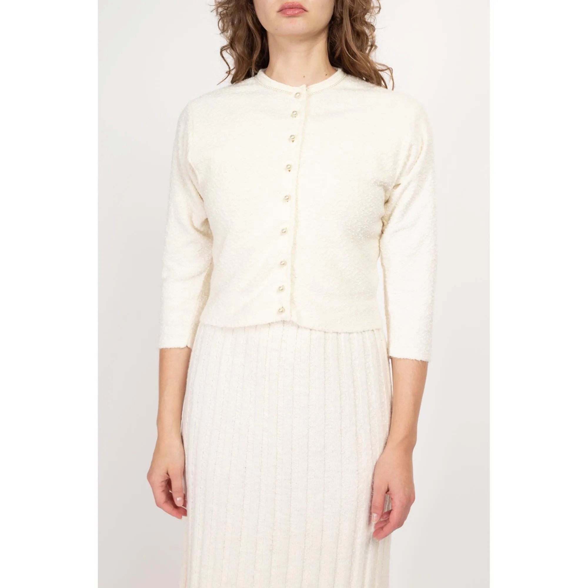 Medium 1950s White Boucle Knit Midi Dress & Cardigan Set