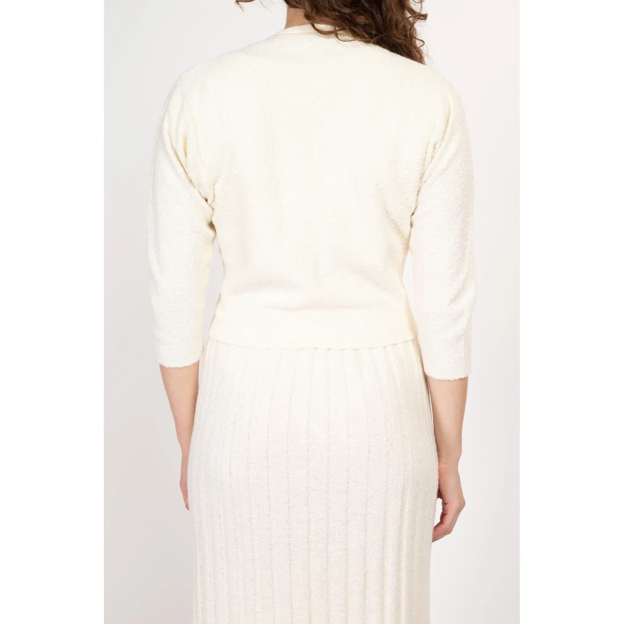 Medium 1950s White Boucle Knit Midi Dress & Cardigan Set