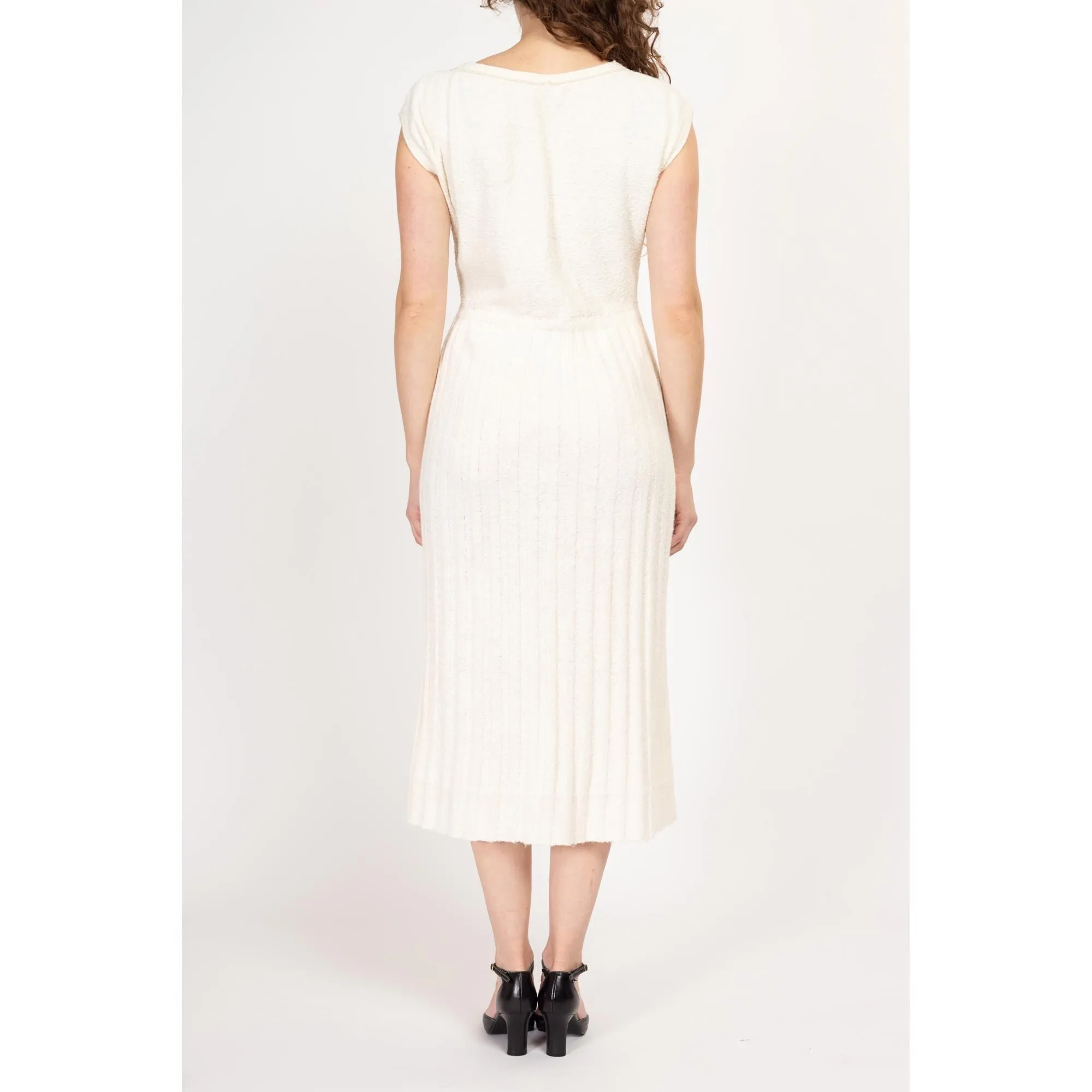 Medium 1950s White Boucle Knit Midi Dress & Cardigan Set
