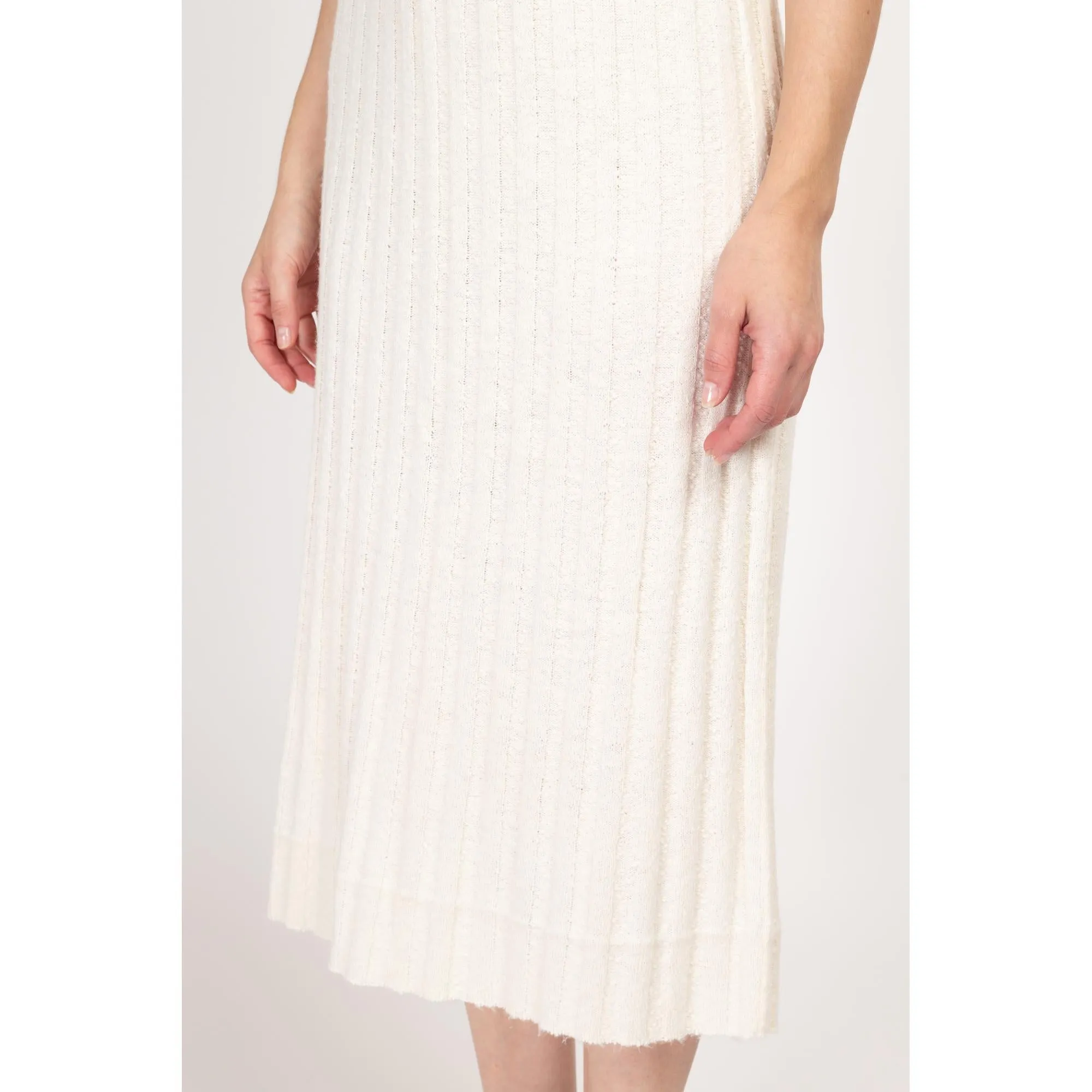 Medium 1950s White Boucle Knit Midi Dress & Cardigan Set