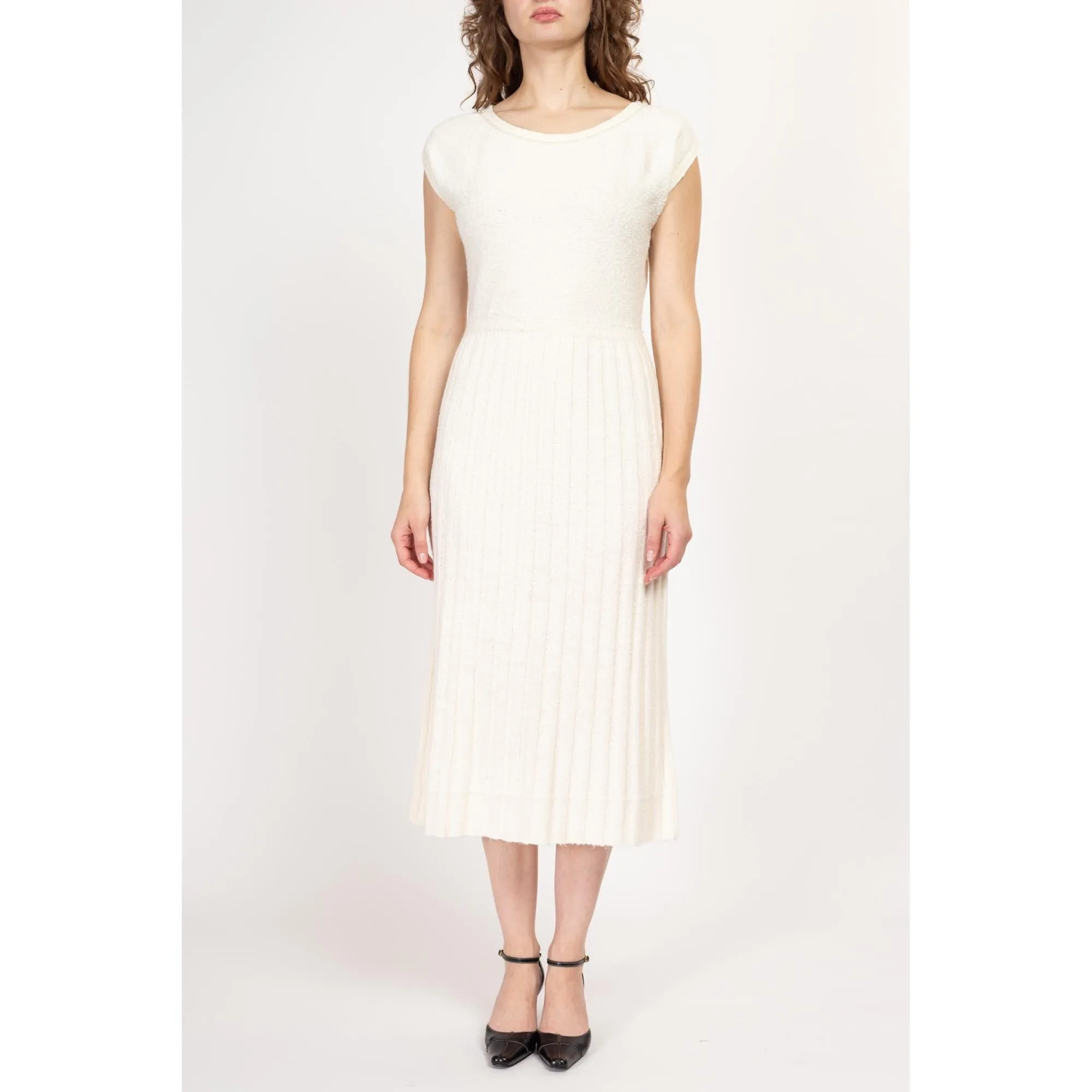 Medium 1950s White Boucle Knit Midi Dress & Cardigan Set