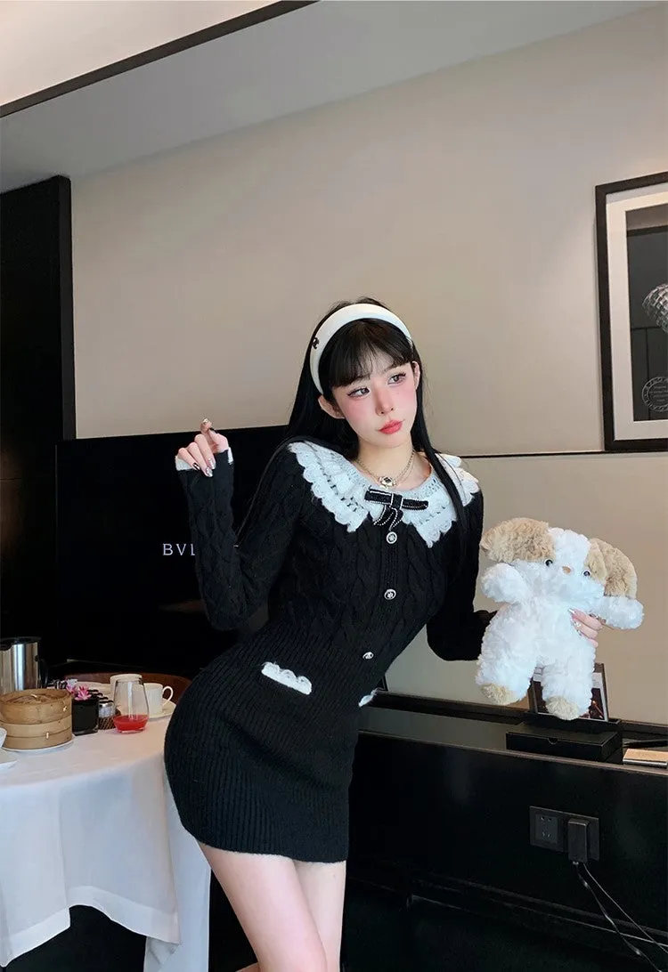 Monet Chic Fall Winter Bow White Lace Collar Knit Black Sweater Dress