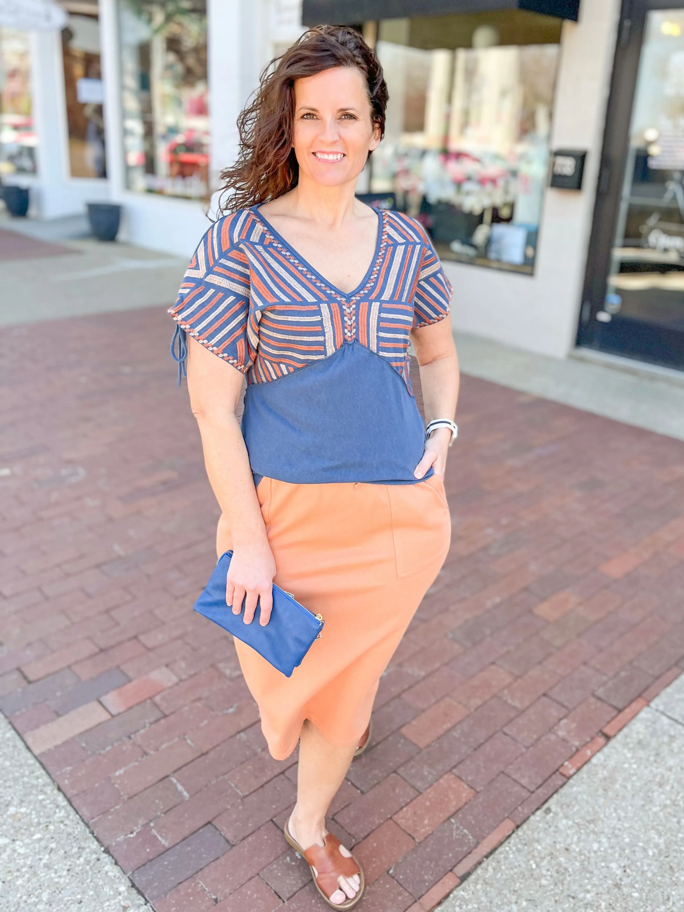 Navy Geometric Embroidered Top