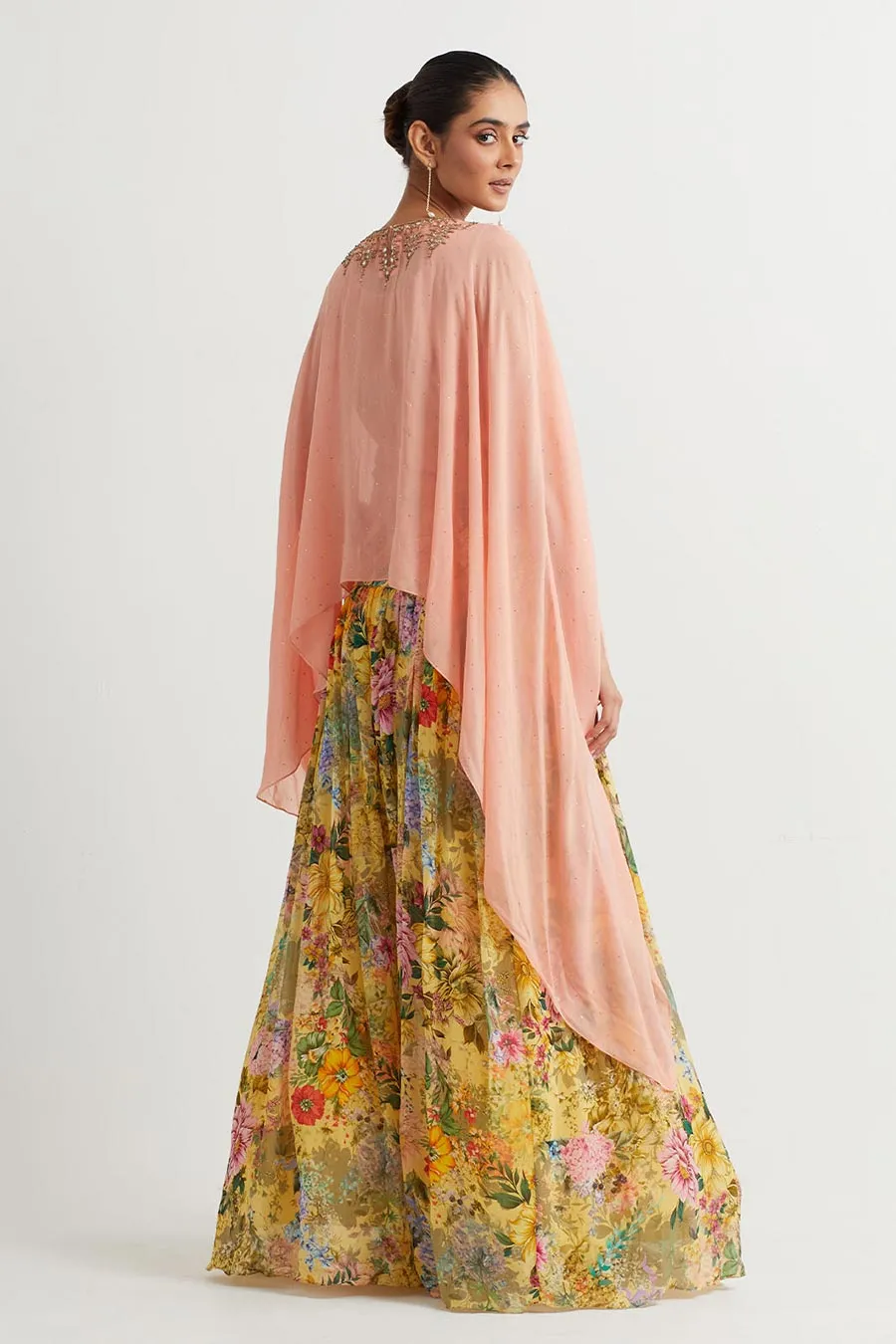 Peach Embroidered Cape & Printed Skirt Set