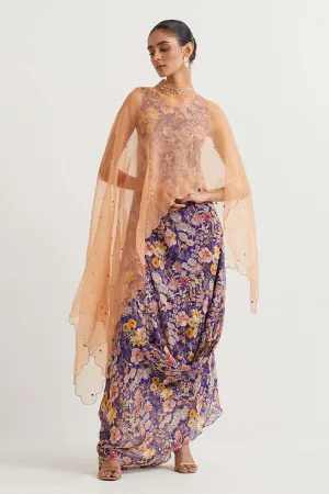 Peach Embroidered Cape With Printed Drape Dress