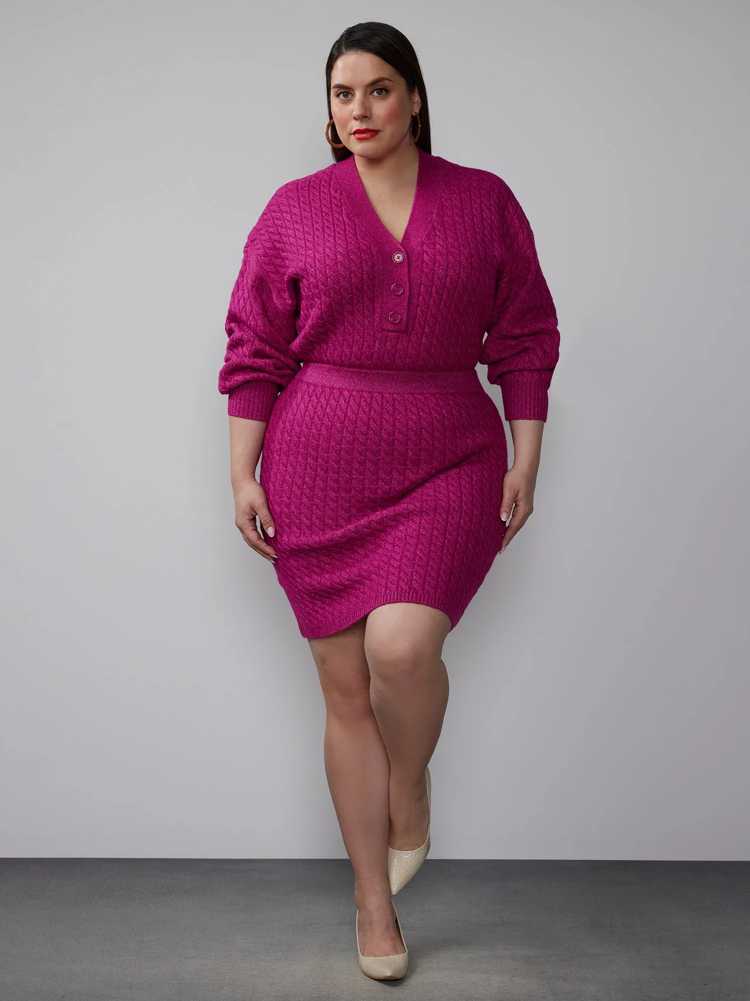 Plus Long Sleeve Button Placket Sweater Dress