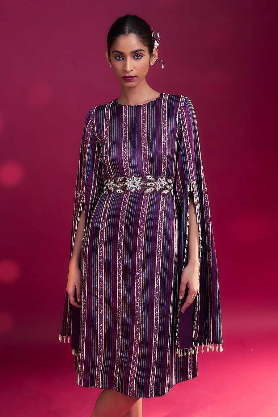 Purple Ajrakh Striped Cape Dress