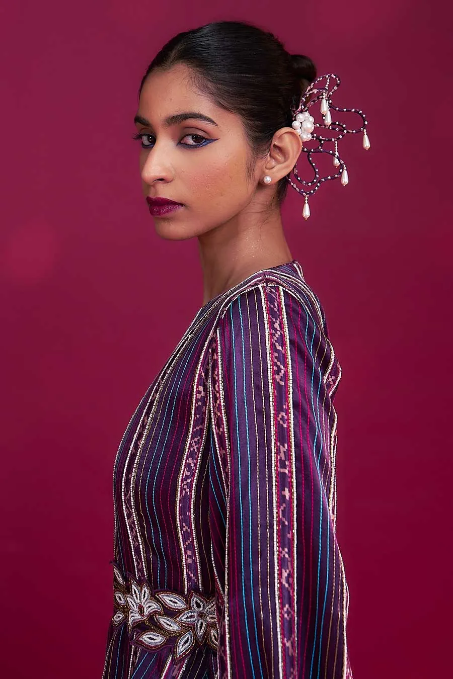 Purple Ajrakh Striped Cape Dress