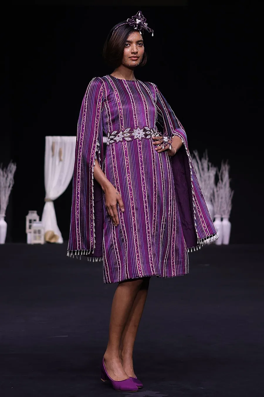 Purple Ajrakh Striped Cape Dress