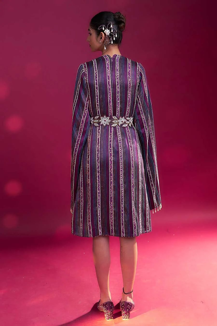 Purple Ajrakh Striped Cape Dress