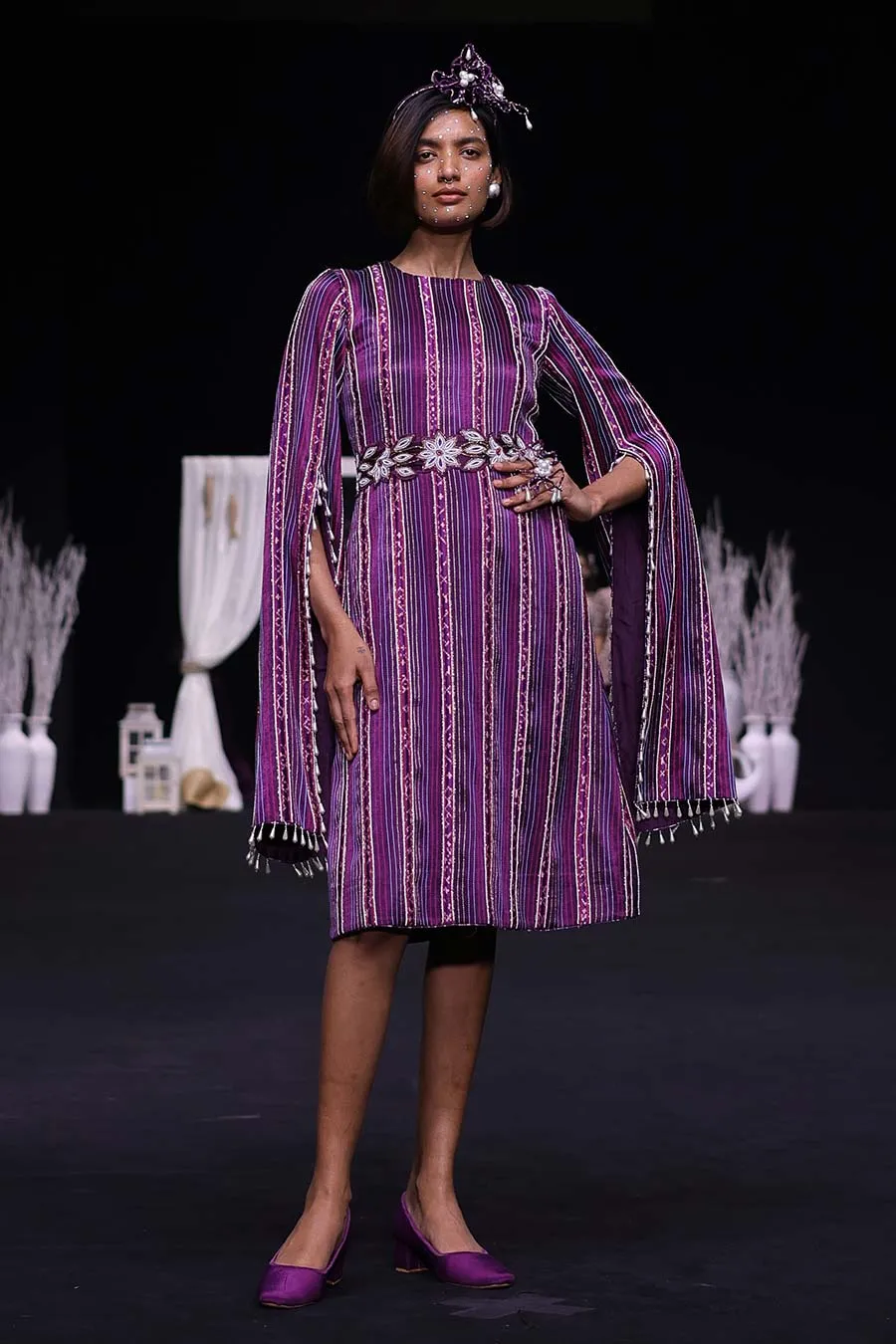 Purple Ajrakh Striped Cape Dress