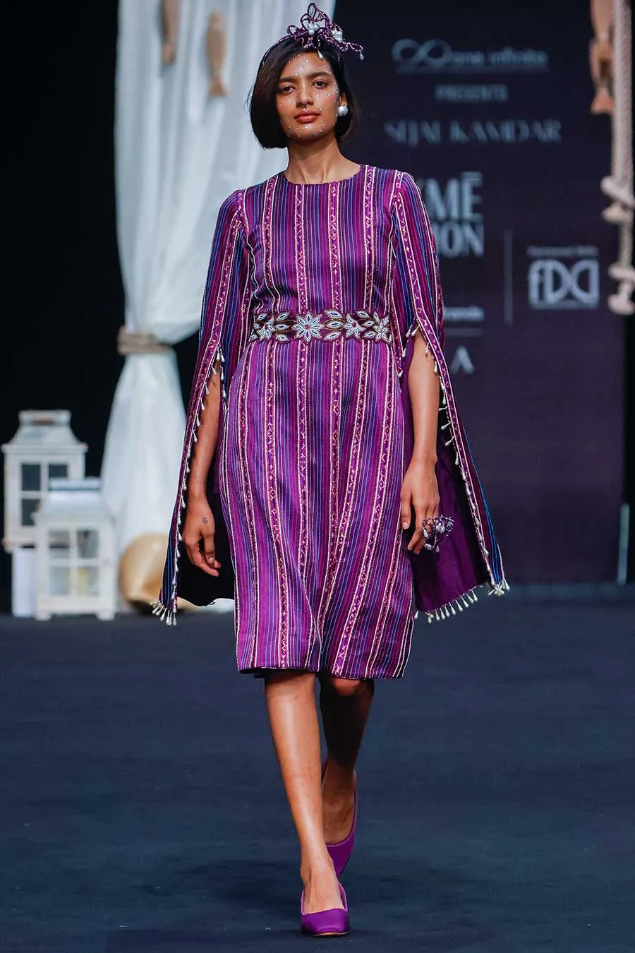Purple Ajrakh Striped Cape Dress