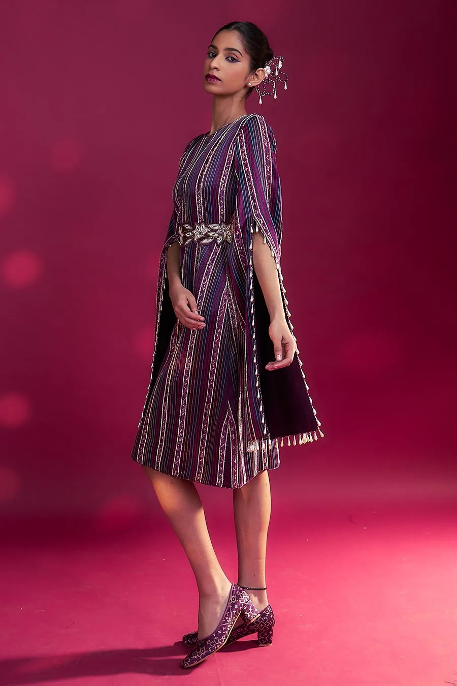 Purple Ajrakh Striped Cape Dress