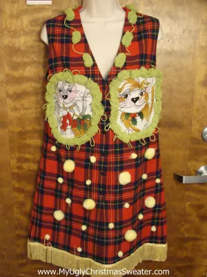 Red Plaid Christmas Dress with Cats