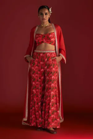 Red Rain Lily Embellished Co-Ord Set With Cape