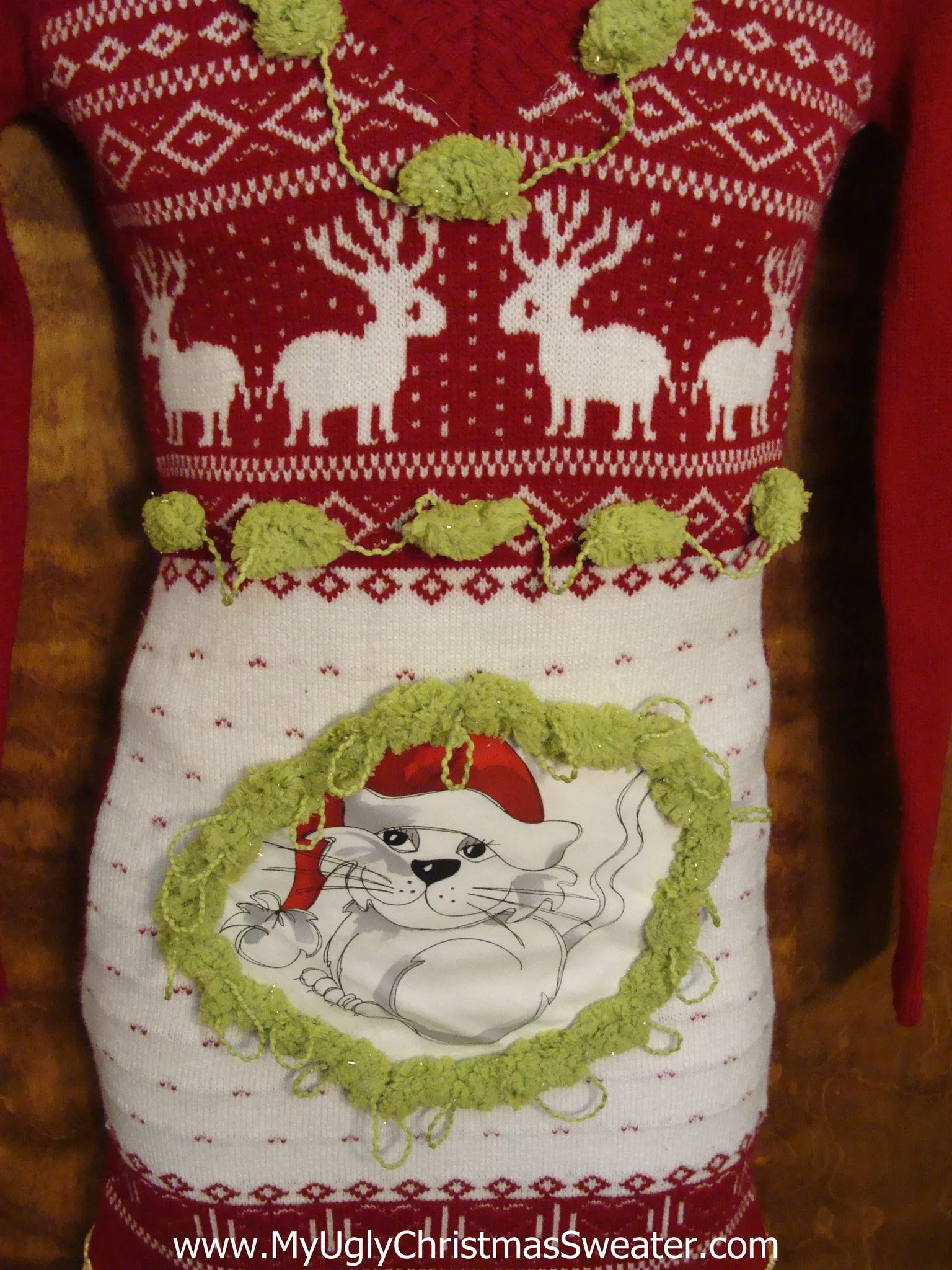 Red Vneck Christmas Dress with Cat