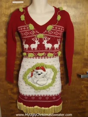 Red Vneck Christmas Dress with Cat