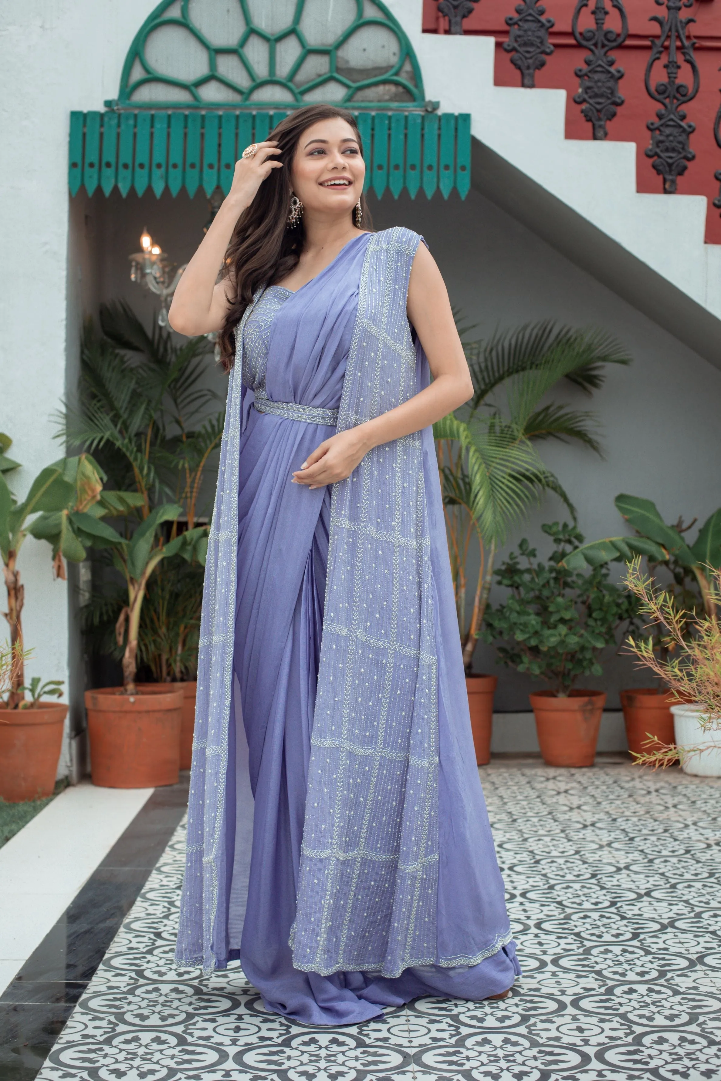 Slate Blue Embellished Premium Chinon Silk Cape Saree