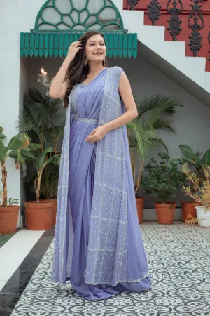Slate Blue Embellished Premium Chinon Silk Cape Saree