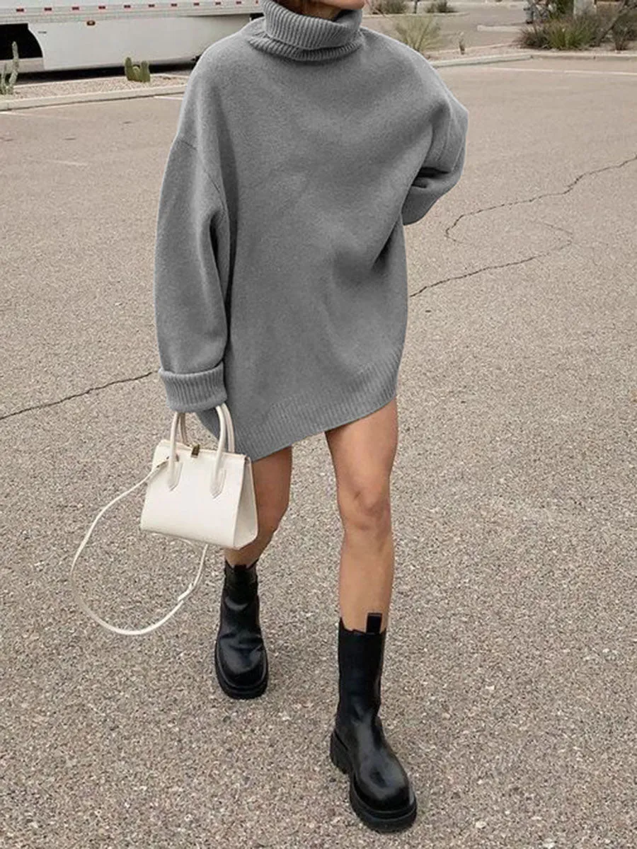 Solid Color High Neck Loose Knit Dress