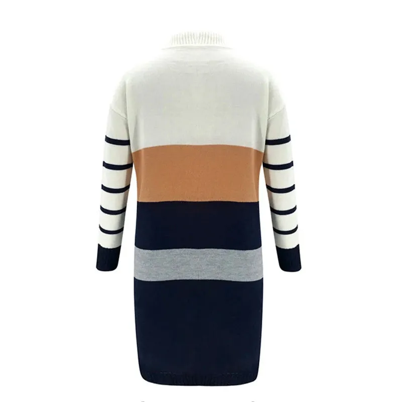 Striped Knit Dress Color-Block Turtleneck Knitwear
