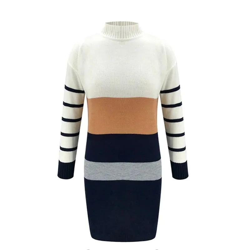 Striped Knit Dress Color-Block Turtleneck Knitwear