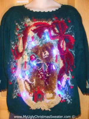 Tacky 80s Xmas Sweater with Lights Huge Bear Bow (g159)