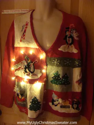 Tacky Ugly Christmas Sweater Penguins and Candycanes with Lights and Fringe (g51)