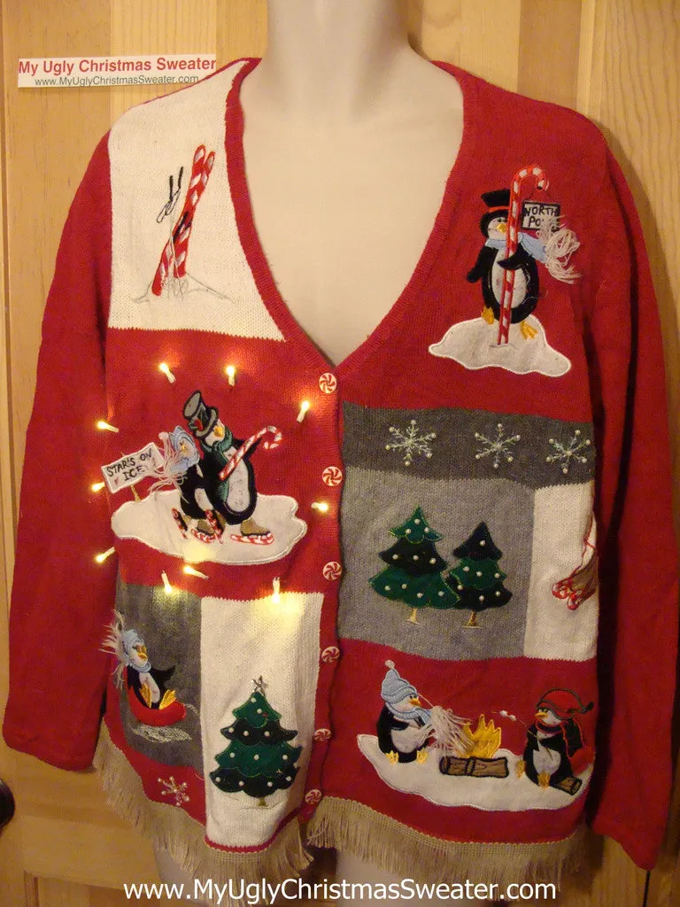 Tacky Ugly Christmas Sweater Penguins and Candycanes with Lights and Fringe (g51)