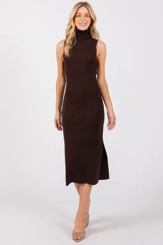 Turtle Neck Sleeveless Side Slit Midi Sweater Dress available in Brown Olive and Black