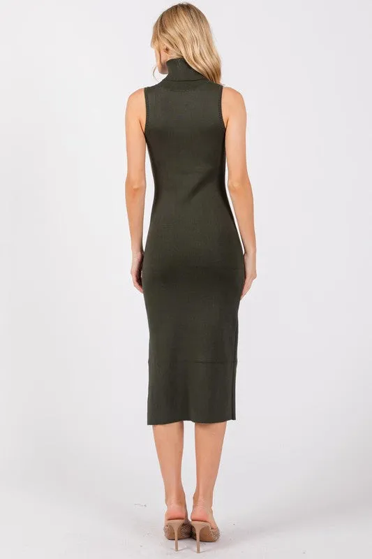 Turtle Neck Sleeveless Side Slit Midi Sweater Dress available in Brown Olive and Black
