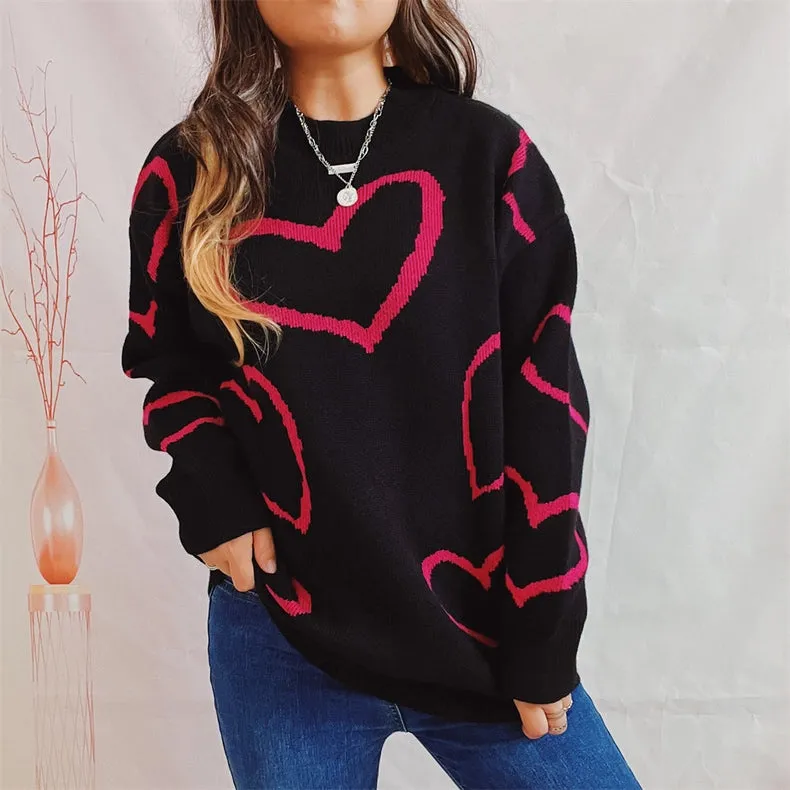 Valentine's Day Love Sweater Long Sleeve Knit Pullover Black