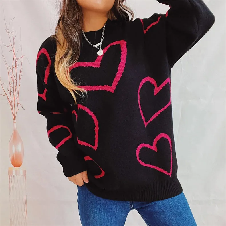Valentine's Day Love Sweater Long Sleeve Knit Pullover Black