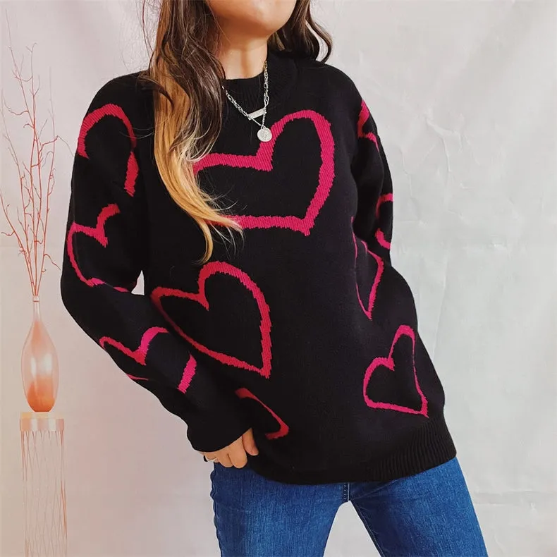 Valentine's Day Love Sweater Long Sleeve Knit Pullover Black